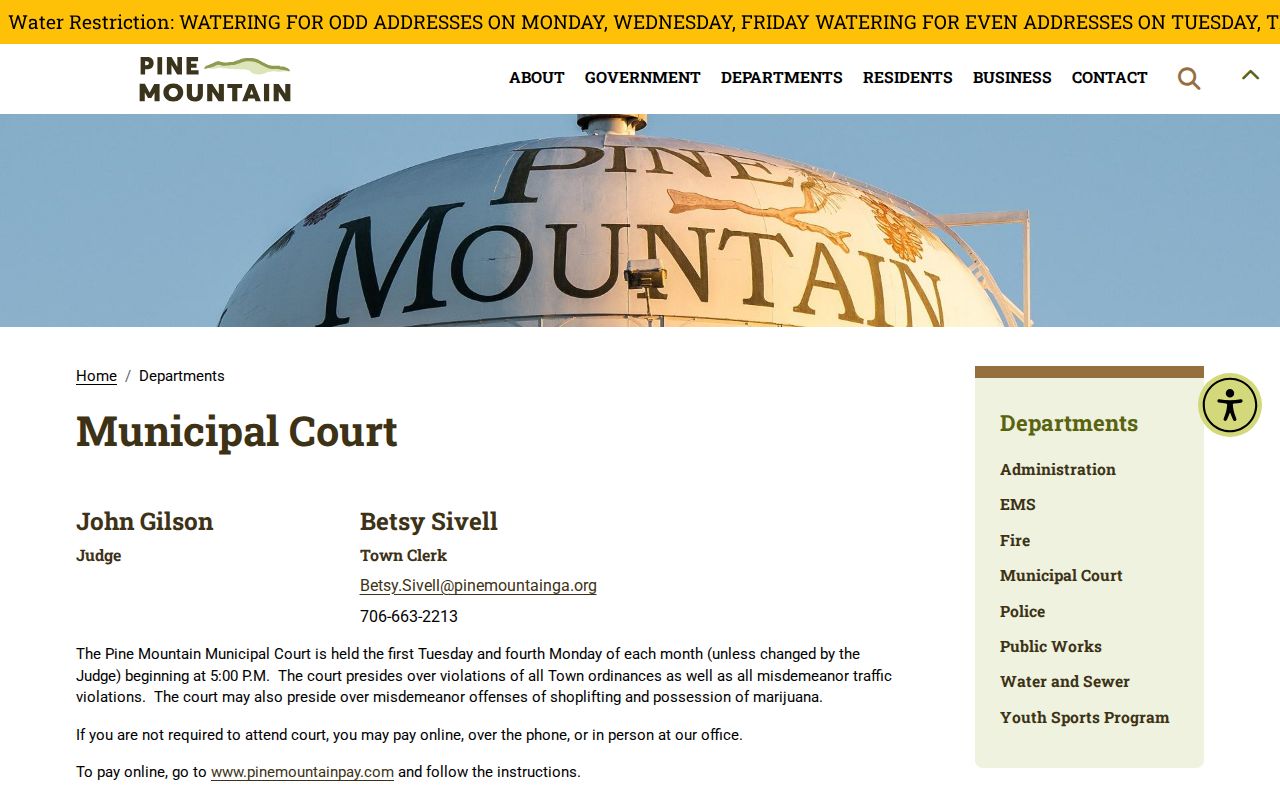Pine Mountain Municipal Court schedule and clerk information